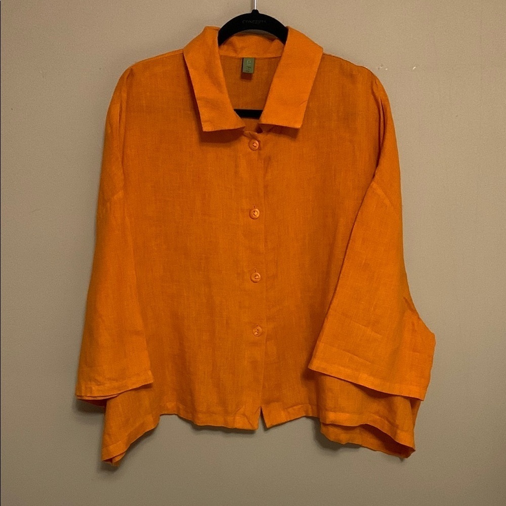 Frequence Women’s 100% Linen Short Sleeve Orange Button-Up Boxy Shirt 1X Artzy